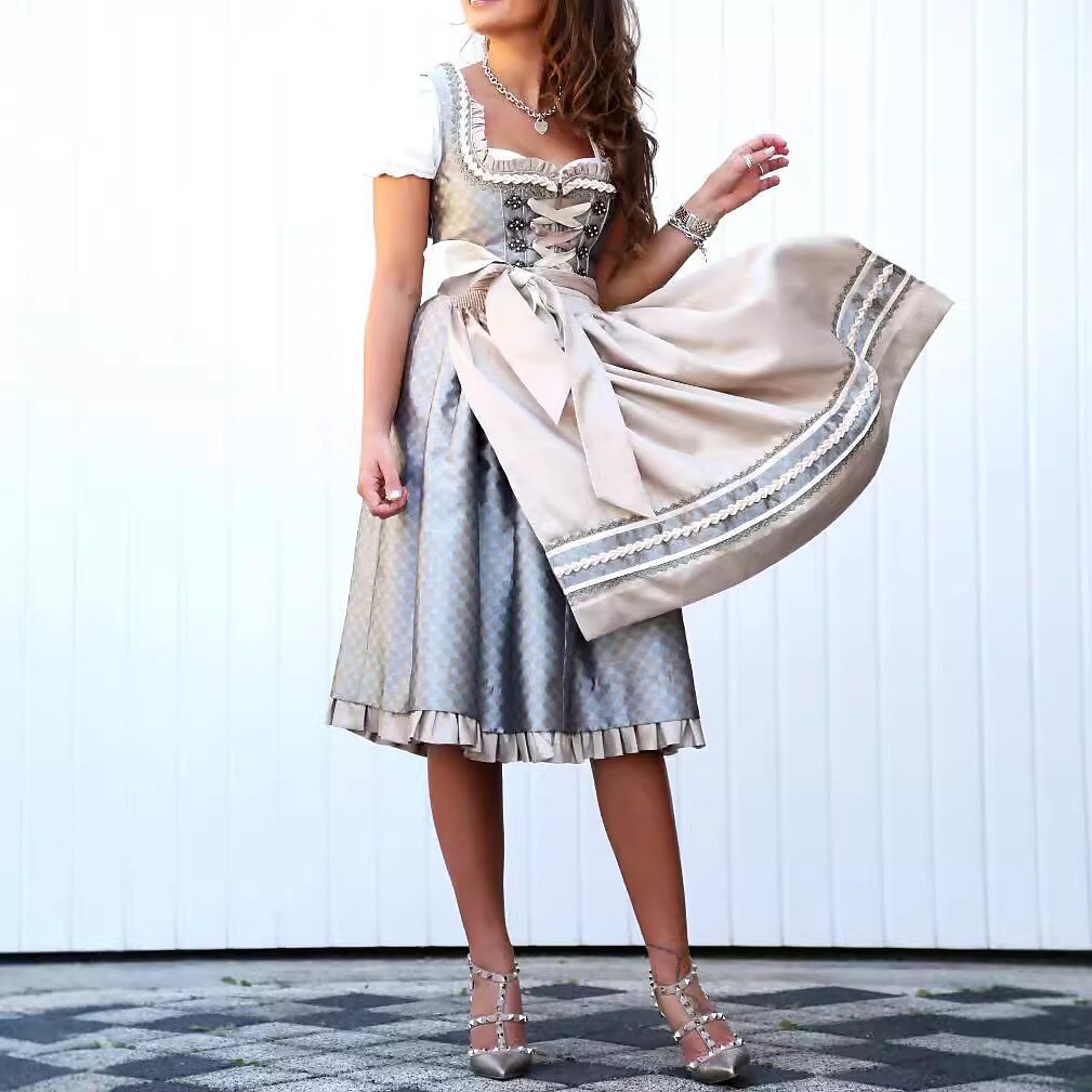 Traditional Dirndl Dress | Grey Floral Pattern with White Apron