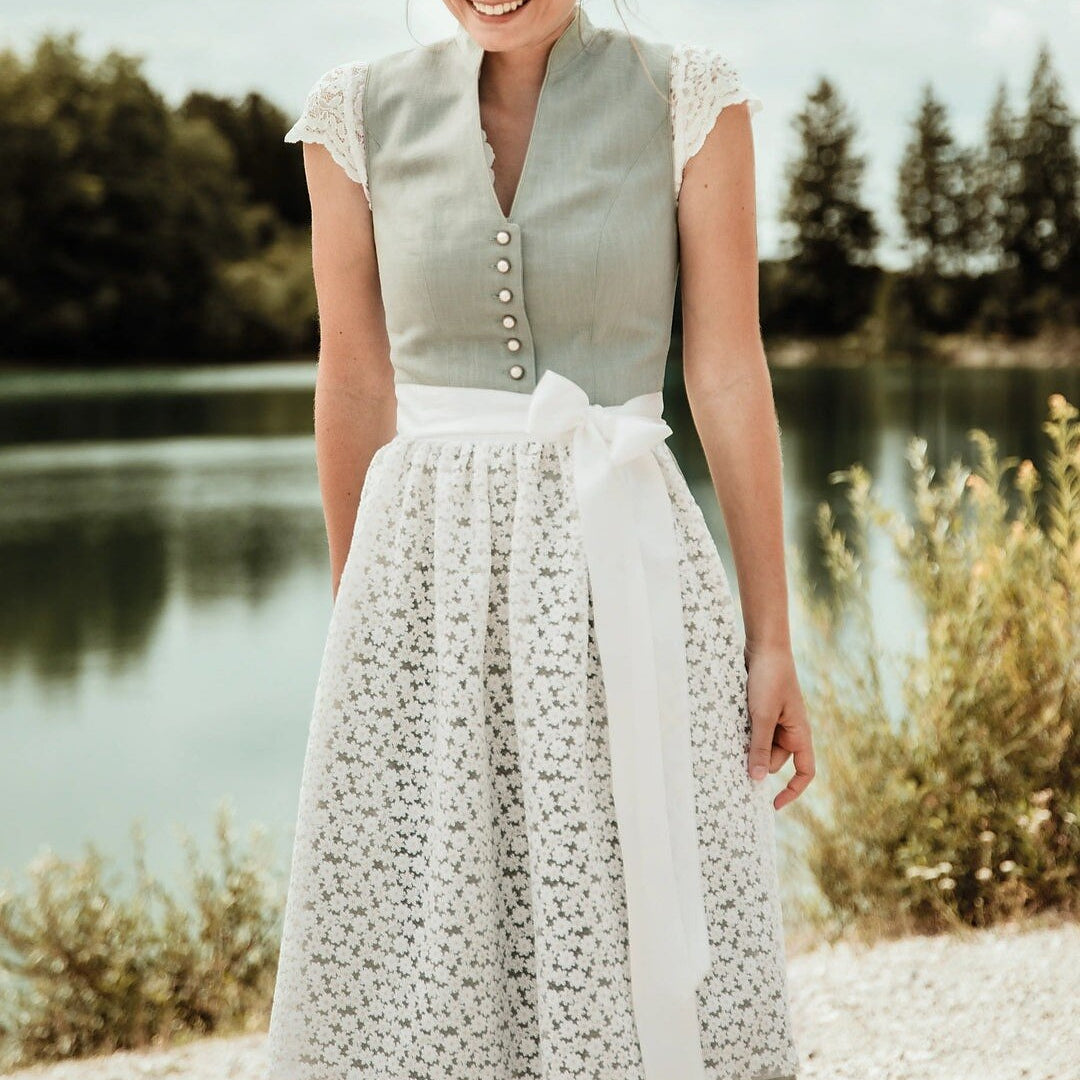 Traditional Dirndl Dress | Sage Green with Lace Apron