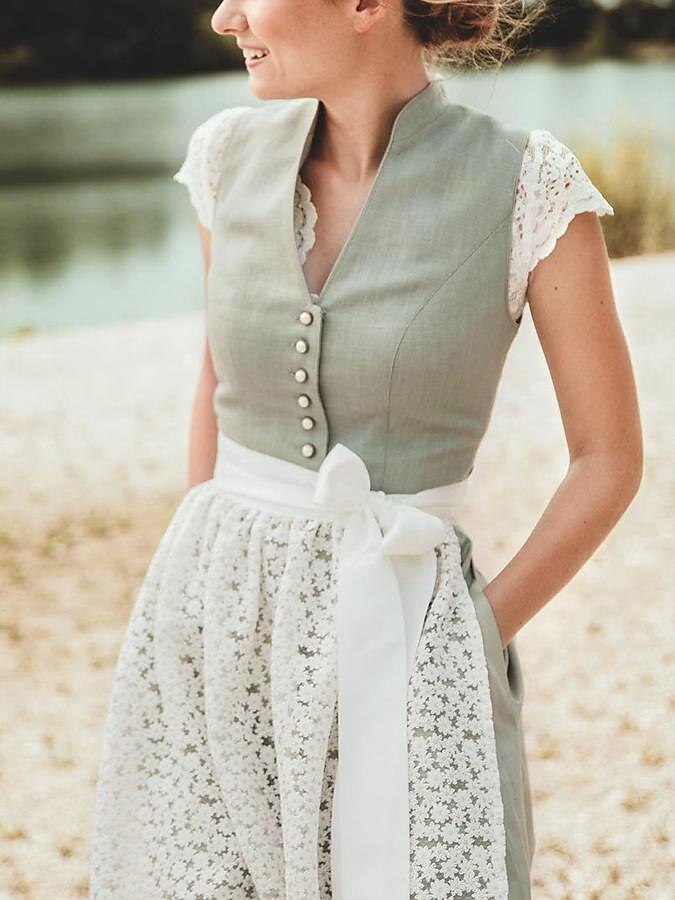 Traditional Dirndl Dress | Sage Green with Lace Apron