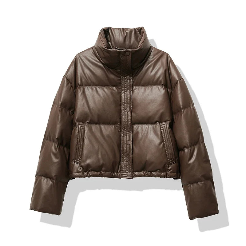 Winter Puffer Jacket | Brown Leather-Look Quilted Design