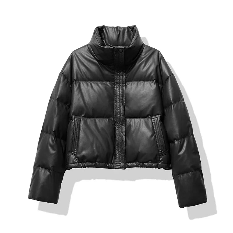 Winter Puffer Jacket | Brown Leather-Look Quilted Design