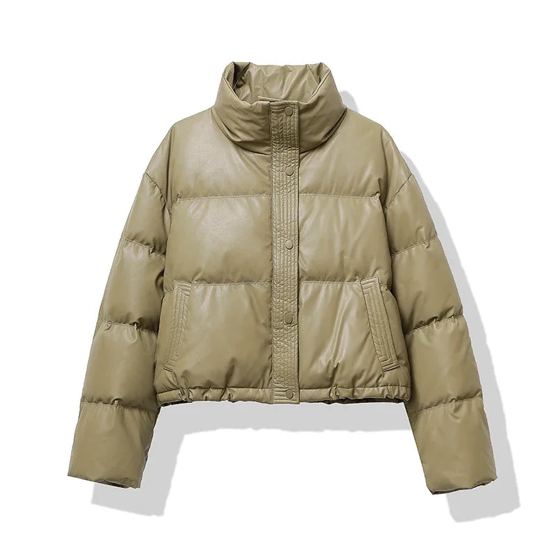 Winter Puffer Jacket | Brown Leather-Look Quilted Design