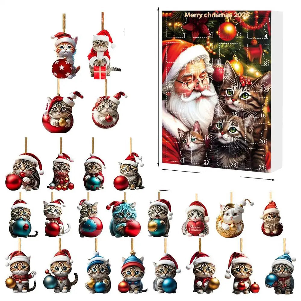 Cat Christmas Ornaments Set | 24 Piece Acrylic Advent Calendar Decorations