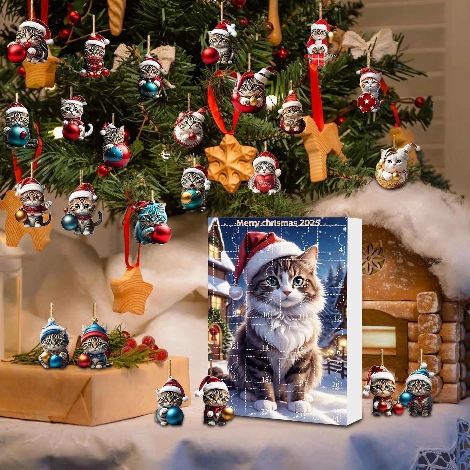 Cat Christmas Ornaments Set | 24 Piece Acrylic Advent Calendar Decorations