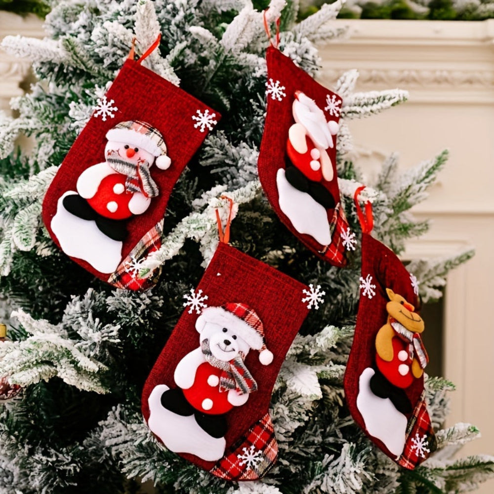 Christmas Stockings Set | Red Fabric Santa Snowman Reindeer Design
