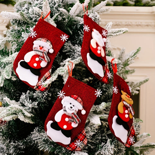 Christmas Stockings Set | Red Fabric Santa Snowman Reindeer Design
