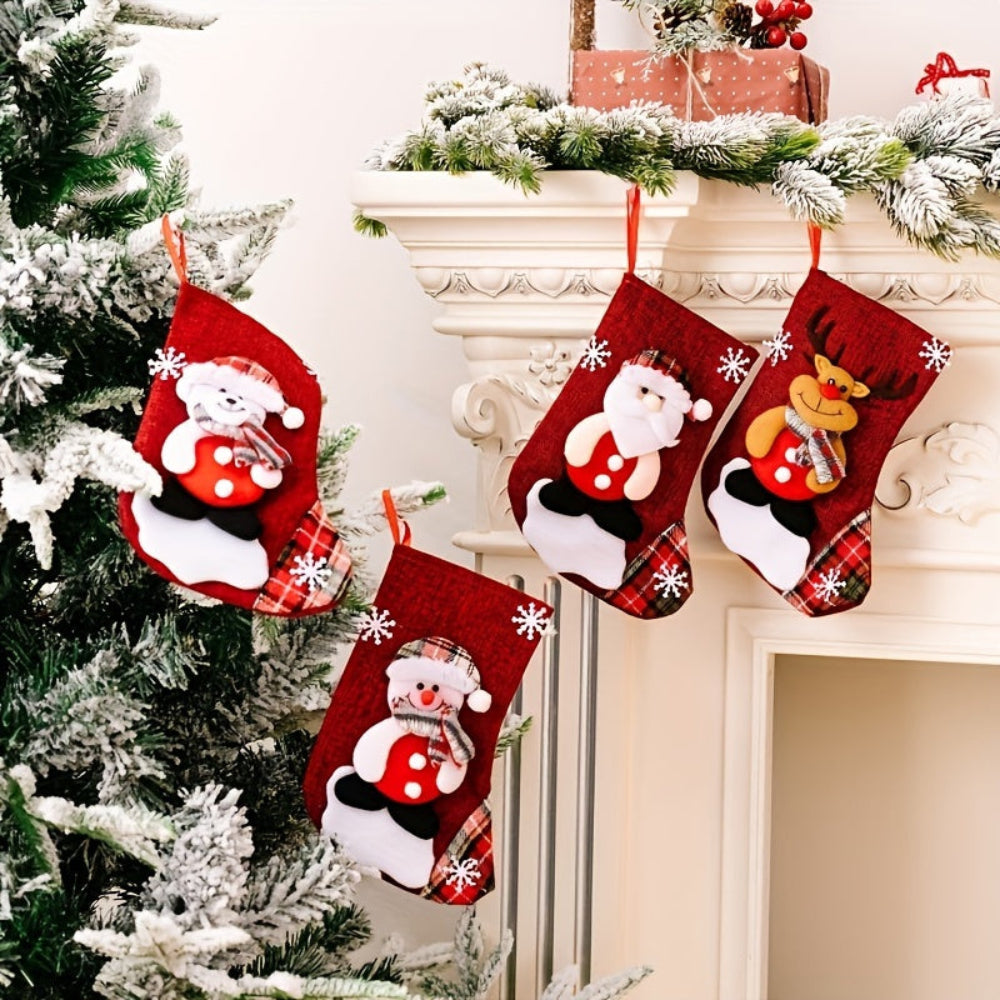 Christmas Stockings Set | Red Fabric Santa Snowman Reindeer Design