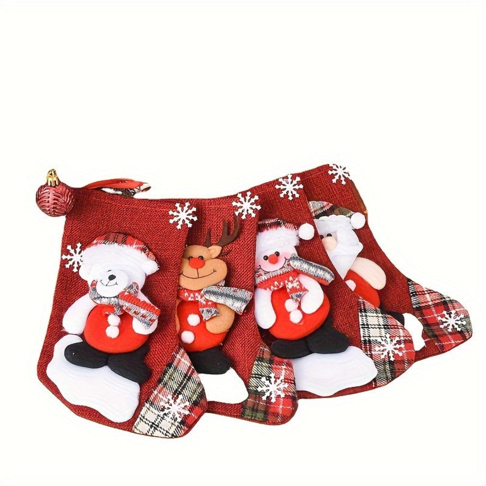Christmas Stockings Set | Red Fabric Santa Snowman Reindeer Design