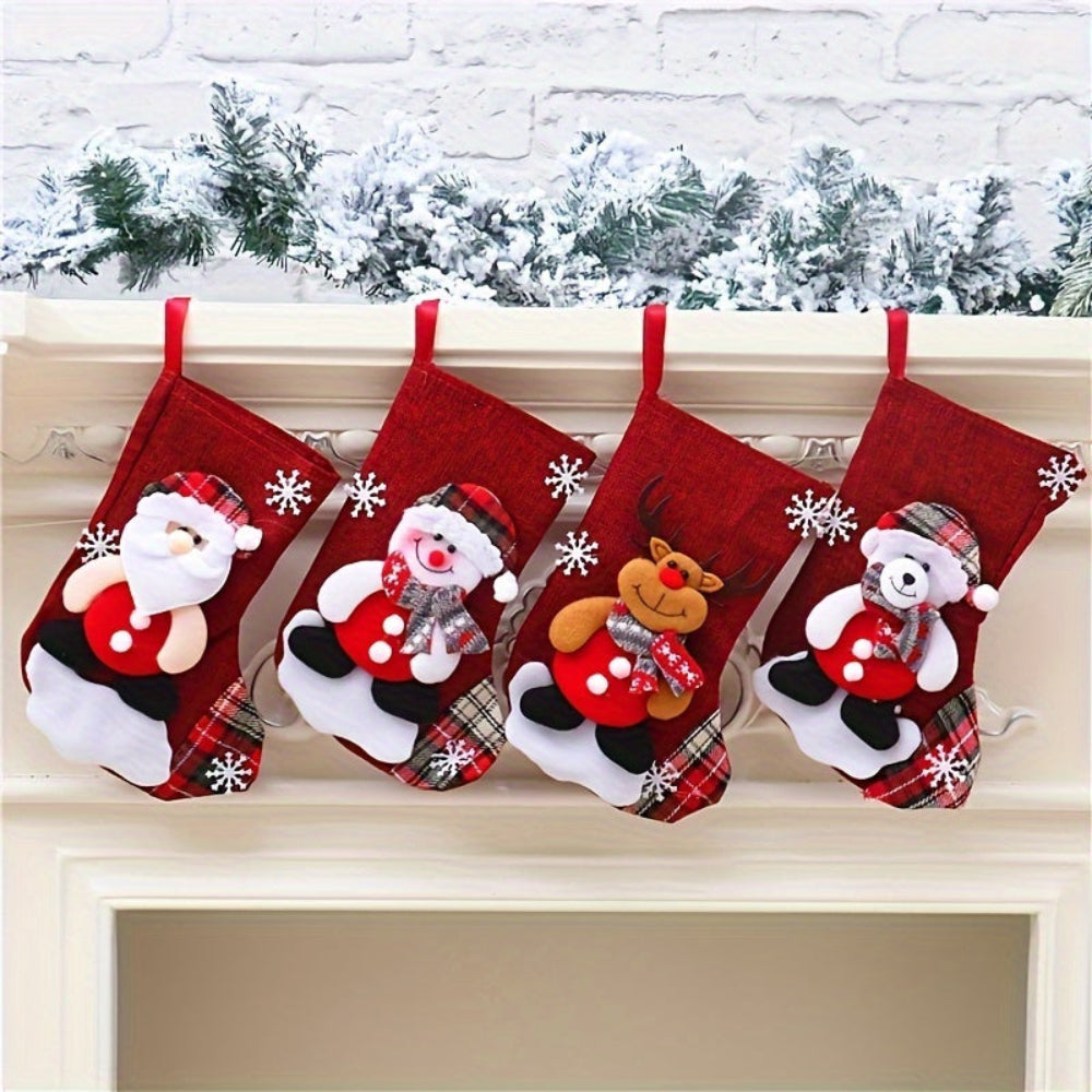 Christmas Stockings Set | Red Fabric Santa Snowman Reindeer Design