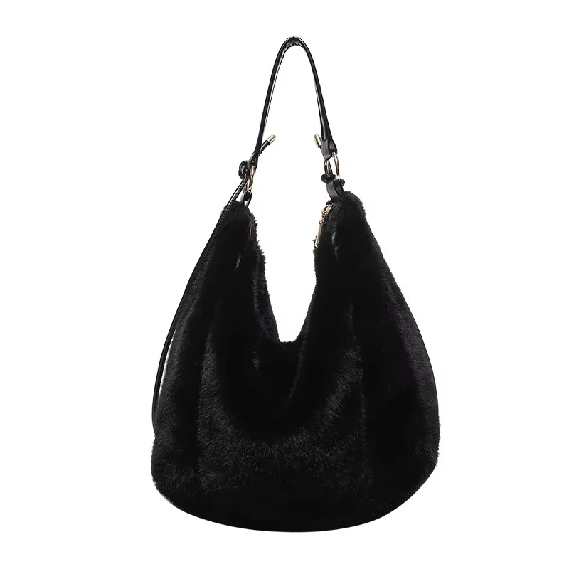 Faux Fur Hobo Bag | Black Plush Winter Design