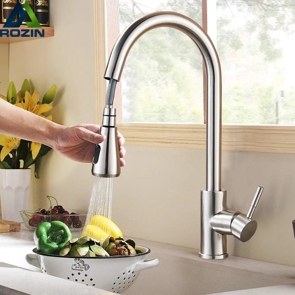 Modern Pull Down Kitchen Faucet | Brushed Nickel Flexible Spout