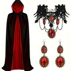 Gothic Halloween Cape | Black & Red Reversible Cloak With Jewelry Set