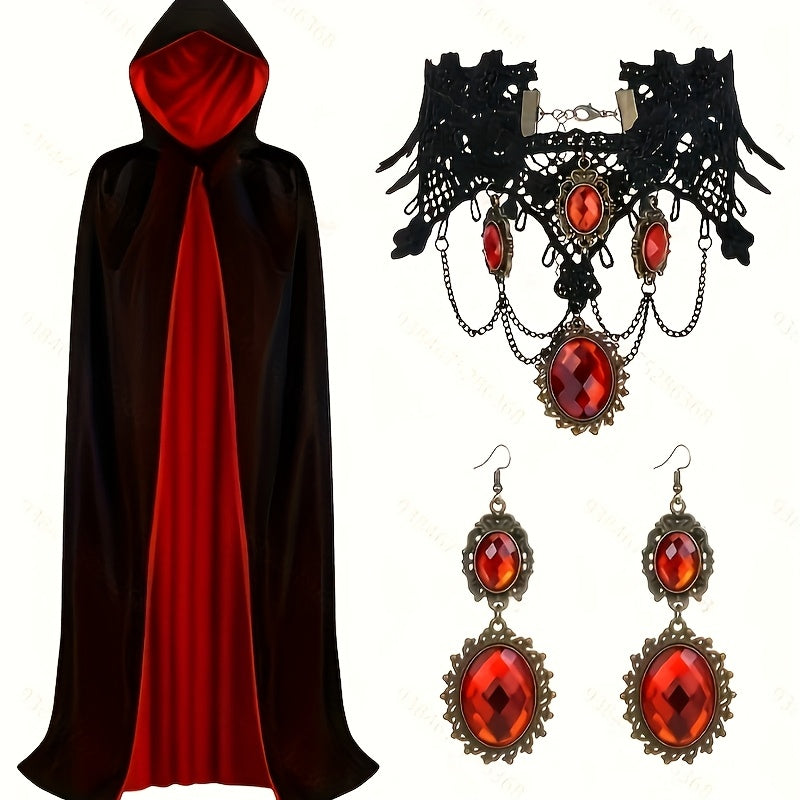 Gothic Halloween Cape | Black & Red Reversible Cloak With Jewelry Set