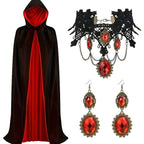 Gothic Halloween Cape | Black & Red Reversible Cloak With Jewelry Set