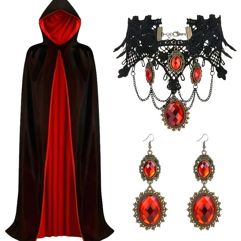 Gothic Halloween Cape | Black & Red Reversible Cloak With Jewelry Set
