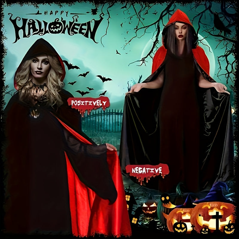 Gothic Halloween Cape | Black & Red Reversible Cloak With Jewelry Set