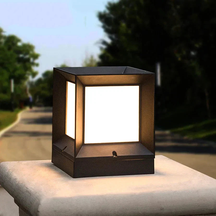 Modern Outdoor Pillar Light | Black Frame White Diffuser