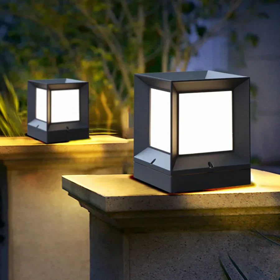 Modern Outdoor Pillar Light | Black Frame White Diffuser