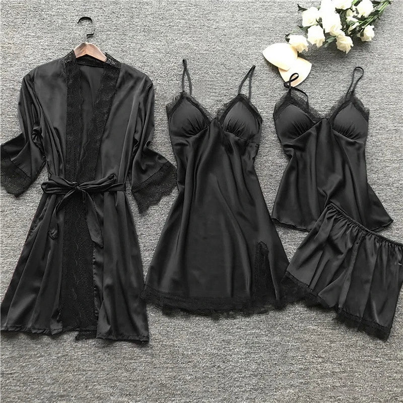 Luxury Silk Sleepwear Set | Lace Trim Kimono With Cami & Shorts