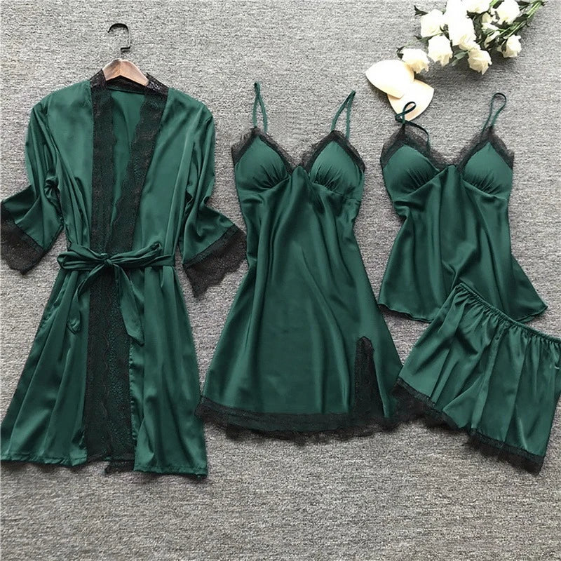 Luxury Silk Sleepwear Set | Lace Trim Kimono With Cami & Shorts