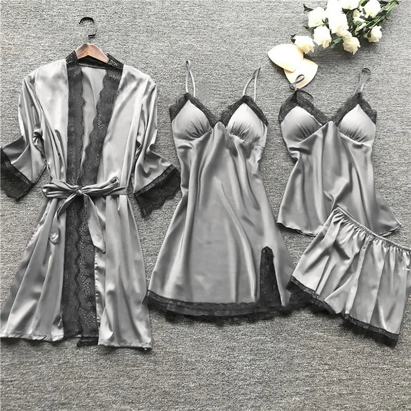 Luxury Silk Sleepwear Set | Lace Trim Kimono With Cami & Shorts
