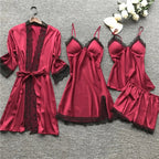 Luxury Silk Sleepwear Set | Lace Trim Kimono With Cami & Shorts