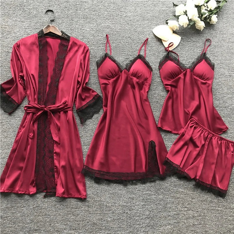 Luxury Silk Sleepwear Set | Lace Trim Kimono With Cami & Shorts