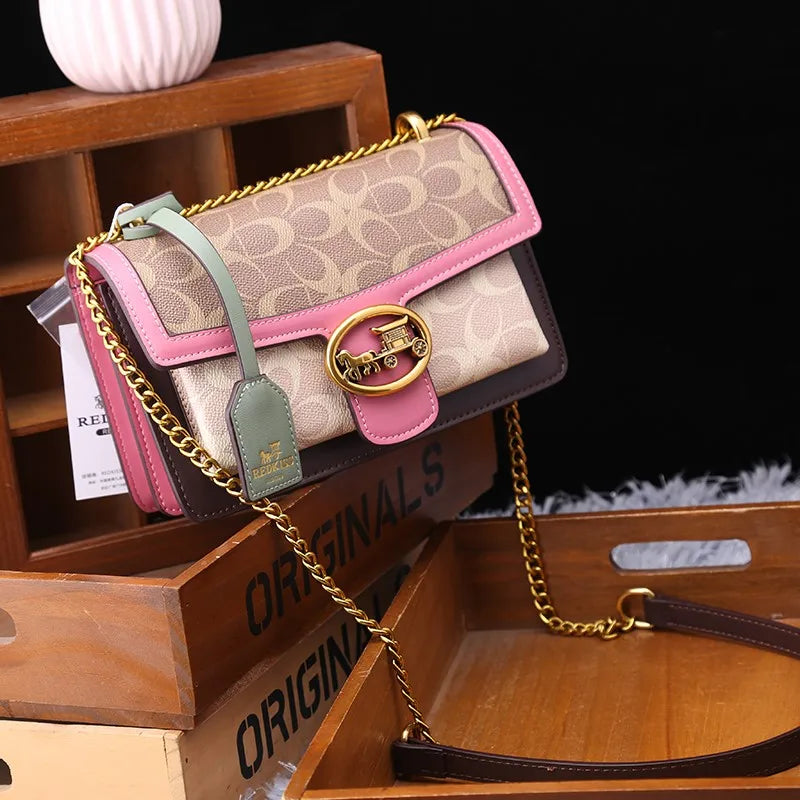Designer Crossbody Bag | Colorblock Pattern With Gold Chain