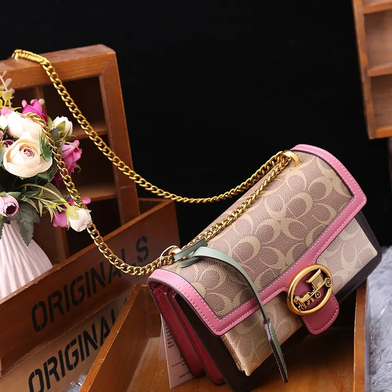 Designer Crossbody Bag | Colorblock Pattern With Gold Chain