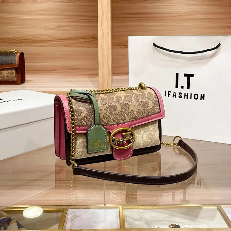 Designer Crossbody Bag | Colorblock Pattern With Gold Chain