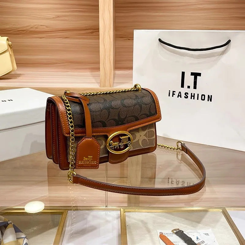 Designer Crossbody Bag | Colorblock Pattern With Gold Chain
