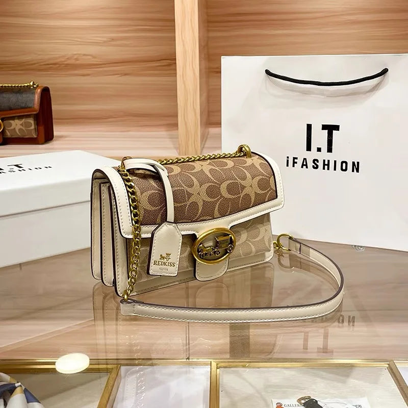 Designer Crossbody Bag | Colorblock Pattern With Gold Chain