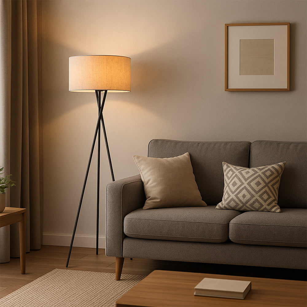 Modern Tripod Floor Lamp | Fabric Shade with Metal Base