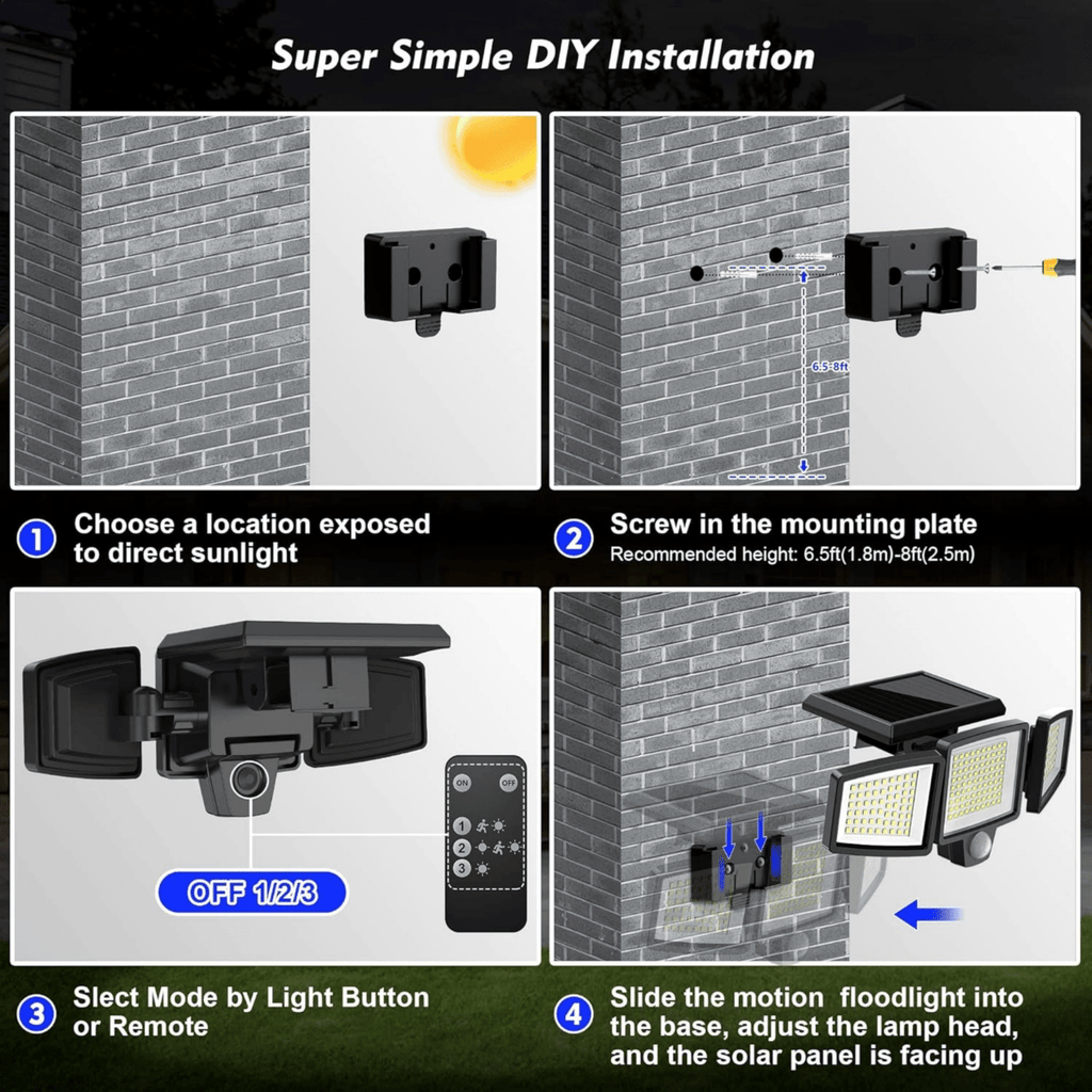Solar Motion Security Light | Three Adjustable LED Heads with Remote