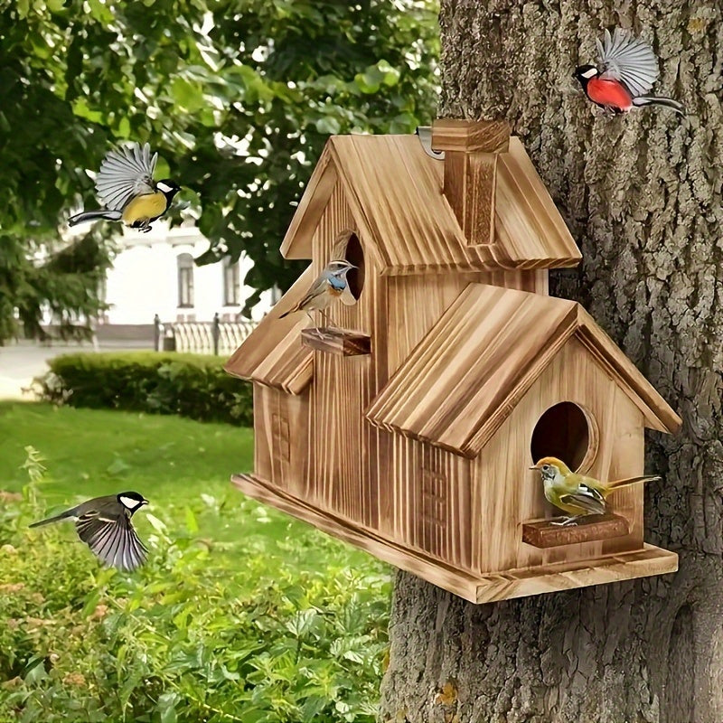 Wooden Birdhouse Feeder | Multi-Nest Rustic Garden Design