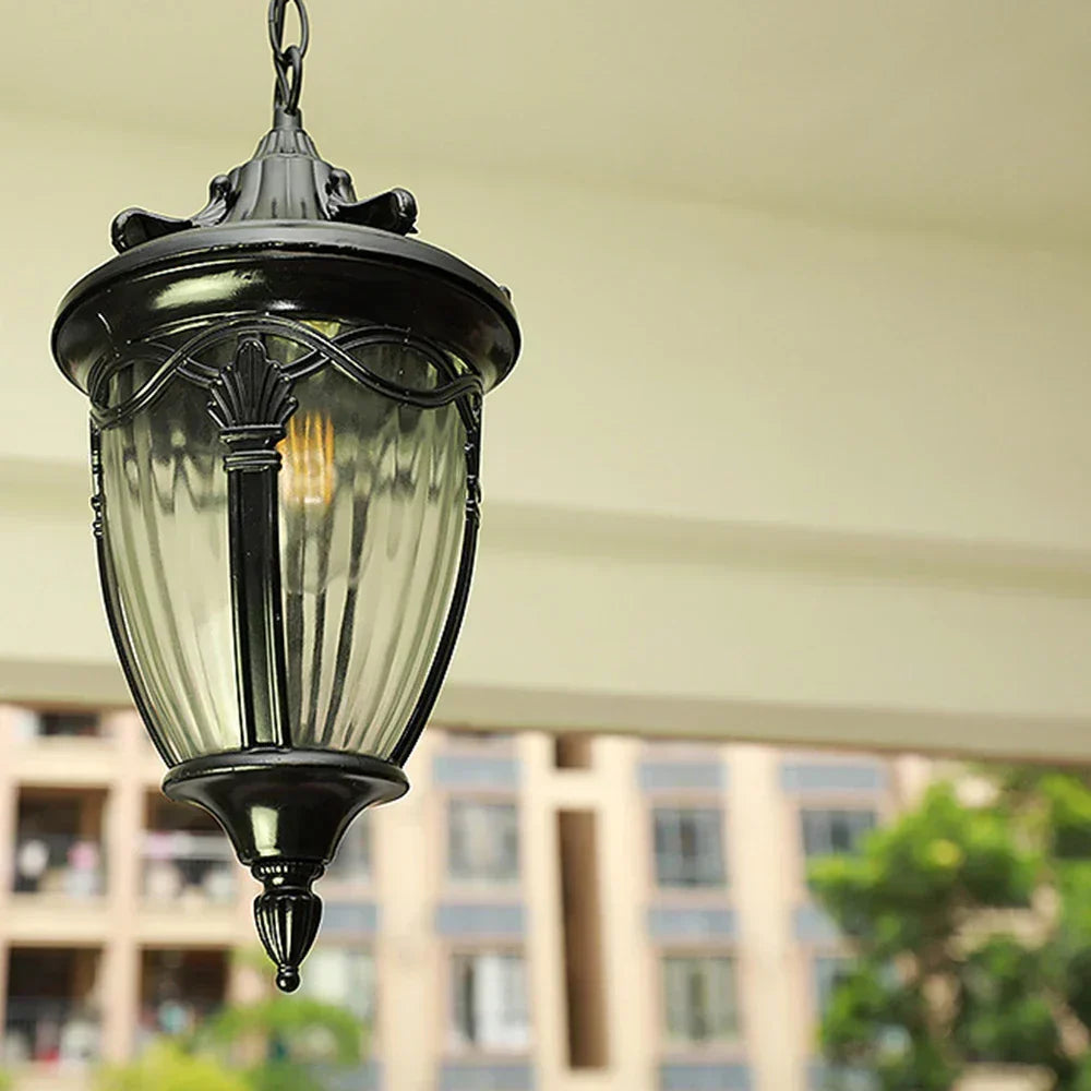 Victorian Outdoor Pendant Light | Black Metal Glass Lantern