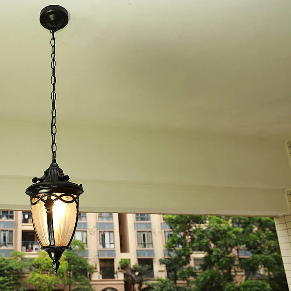 Victorian Outdoor Pendant Light | Black Metal Glass Lantern