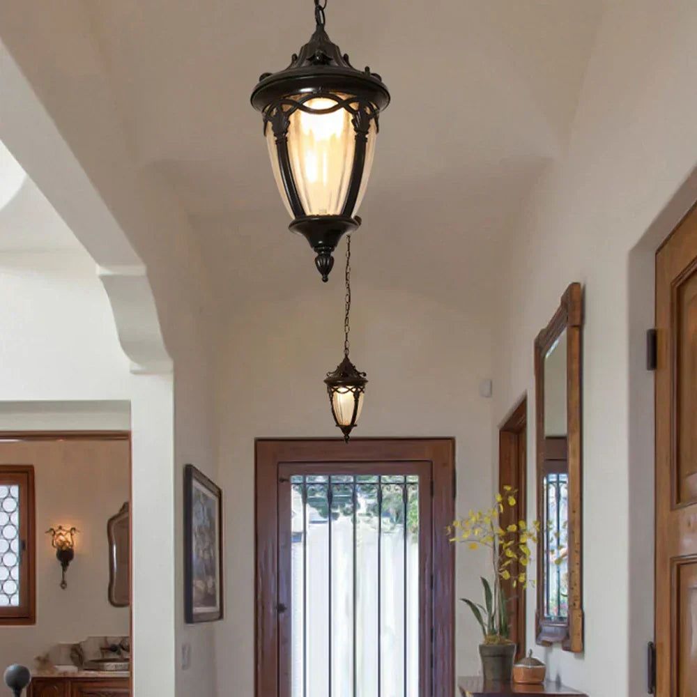 Victorian Outdoor Pendant Light | Black Metal Glass Lantern