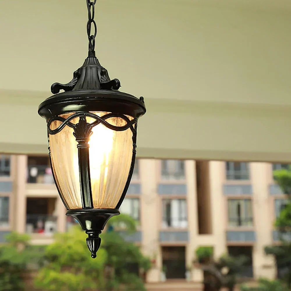 Victorian Outdoor Pendant Light | Black Metal Glass Lantern