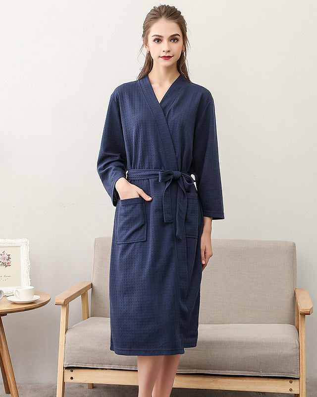 Waffle Cotton Bathrobe | Navy Blue Spa Loungewear