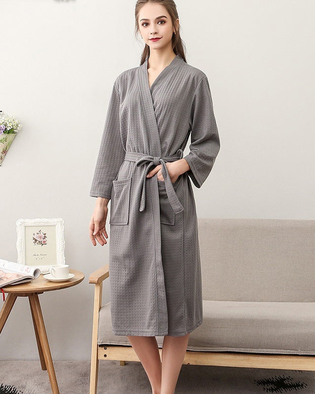 Waffle Cotton Bathrobe | Mid-Length Spa Style Grey Robe