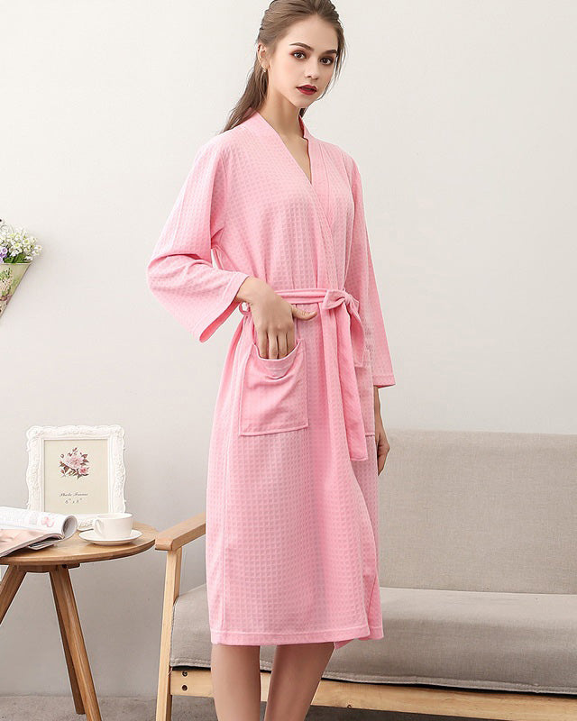Waffle Cotton Bathrobe | Soft Pink Spa Robe with Pockets