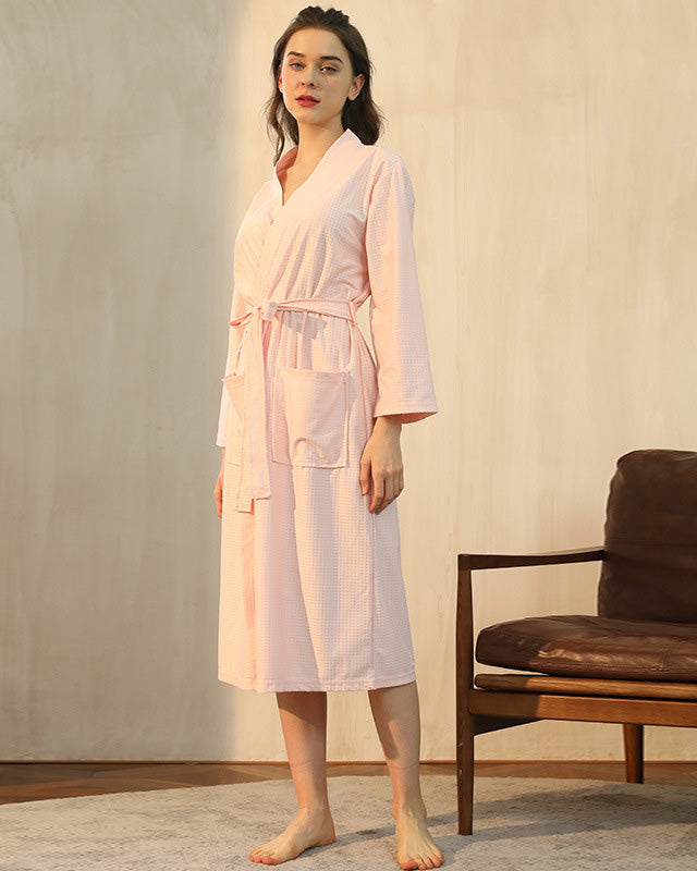 Bamboo Waffle Bathrobe | Soft Pink Long Length Robe