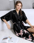 Silk Kimono Robe | Black Crane Print Design