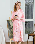 Satin Kimono Robe | Pink Crane Pattern Design