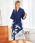 Japanese Crane Kimono Robe | Navy Satin With Wave Pattern