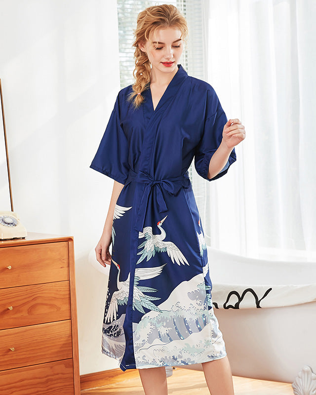 Japanese Crane Kimono Robe | Navy Satin With Wave Pattern