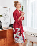 Silk Kimono Robe | Red Satin With White Crane Pattern