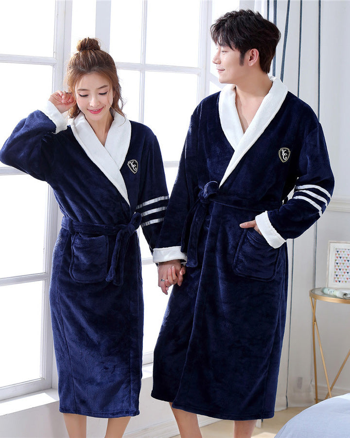 Plush Women's Bathrobe | Navy Blue With White Collar