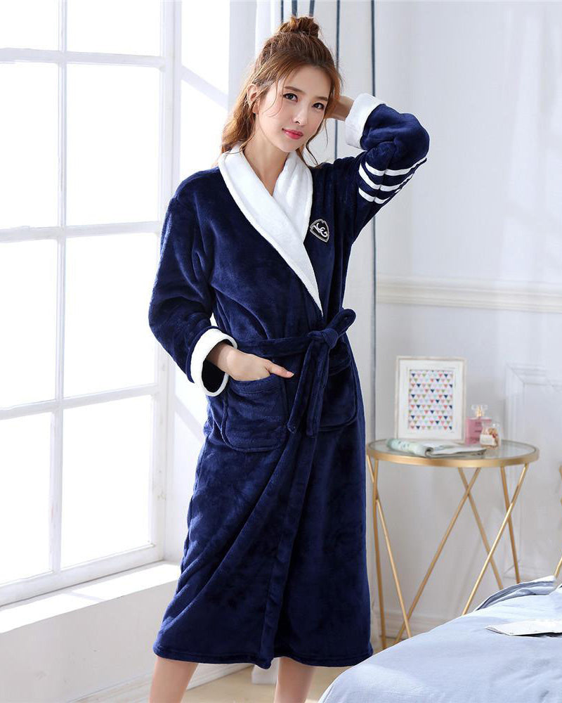 Plush Women's Bathrobe | Navy Blue With White Collar